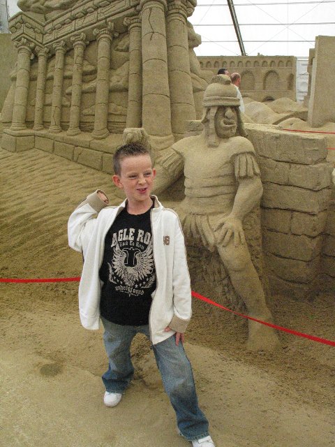 Reece and a sand sculpture
